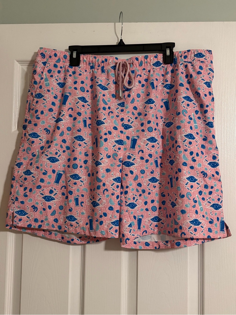Peter Millar Pink Swim Trunks with Blue Pattern